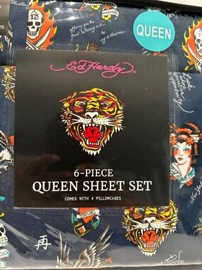 NWT Ed Hardy Tattoo Paradise 6 Piece Queen Sheet Set with 4 Pillowcases.